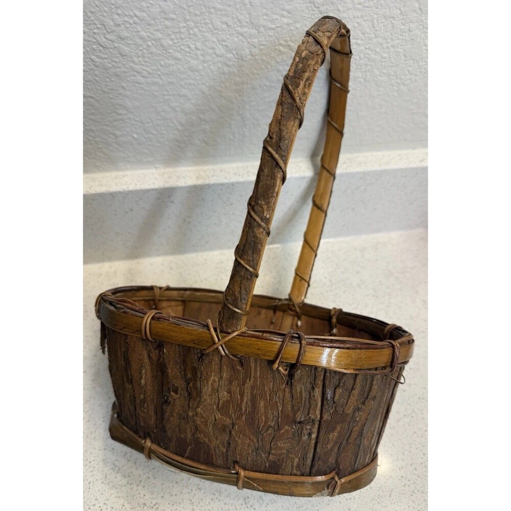 Vtg Primitive Native Tree Bark Basket Decor Hanging Gathering Berry Rustic